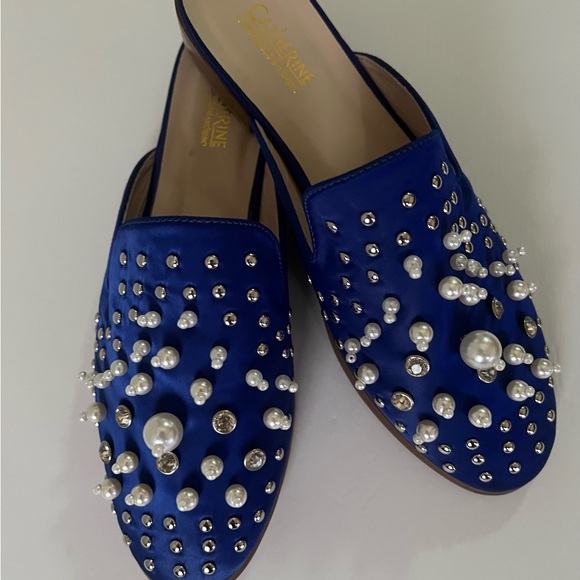Catherine Malandrino Shoes - Catherine Malandrino Embellished Mules Satin Royal Blue